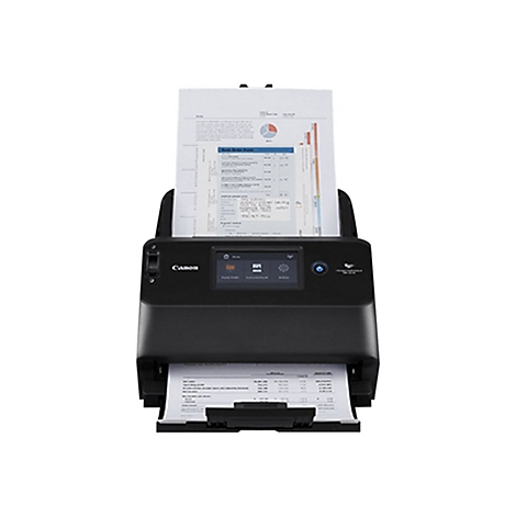 Ein schwarzer Canon-Scanner. Oben und unten liegen Blätter Papier. Ein Bildschirm ist in der Mitte des Scanners zu sehen.