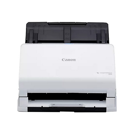 Ein weißer Canon-Dokumentenscanner mit schwarzem Einzug und Ausgabefach. Canon-Logo und Modellbezeichnung ImageFormula R30 sind sichtbar.