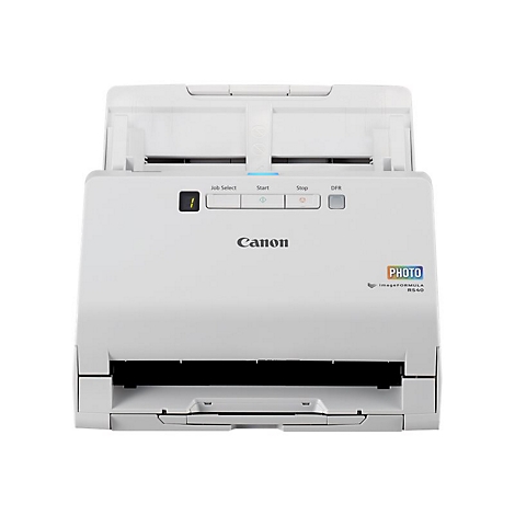 Weißer Canon Scanner, Frontansicht, mit Tasten und Schriftzügen, darunter "Canon" und "PHOTO".