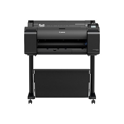 Schwarzer Canon imagePROGRAF GP-200 Großformatdrucker auf einem Rollständer vor weißem Hintergrund.