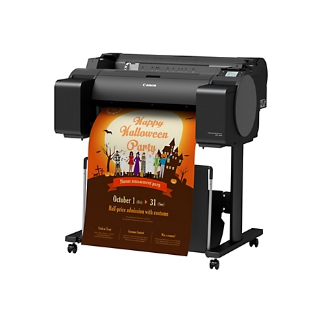 Eine Canon ImagePROGRAF GP-200 zeigt ein Plakat für eine Halloween-Party, mit Kostümen und Rabattaktionen. Das Plakat hat ein orangefarbenes Hintergrundbild.