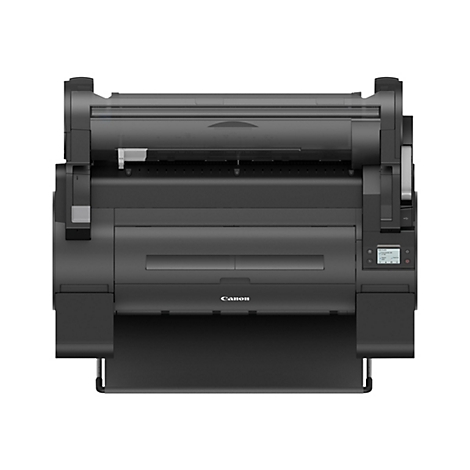 Schwarzer Canon Großformatdrucker in Frontalansicht vor weißem Hintergrund.