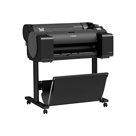 Schwarzer Canon Großformatdrucker auf Rollen, Display, Auffangbehälter, weißer Hintergrund.