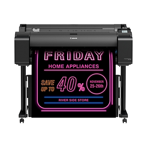 Schwarzer Canon Drucker mit einem leuchtenden Werbebanner. Das Banner zeigt "FRIDAY", "HOME APPLIANCES", "SAVE UP TO 40%" und Datum/Shop-Namen.