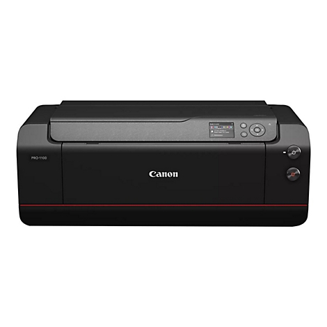 Schwarzer Canon Drucker, Modell PRO-1100, mit Bedienfeld, Ein/Aus-Knopf und roter Linie.