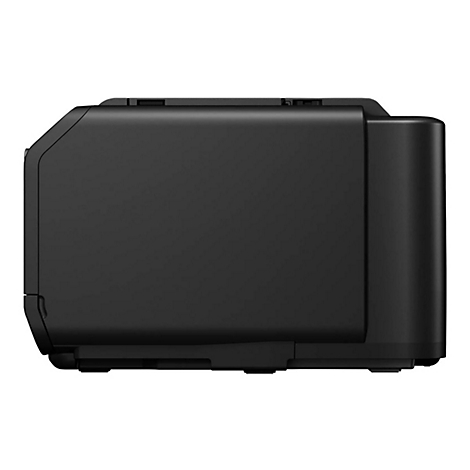 Schwarzer Drucker im Profil. Rechteckige Form mit abgerundeten Ecken, glatte Oberfläche.