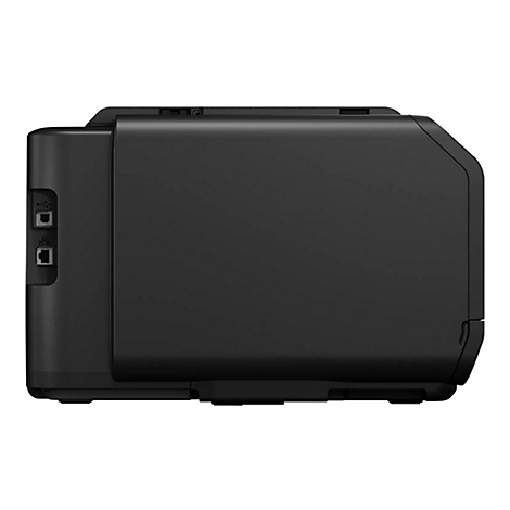 Schwarzer Drucker im Detail. Auf der linken Seite befinden sich Anschlüsse für USB und Netzwerkkabel. Die rechte Seite des Druckers ist abgerundet.