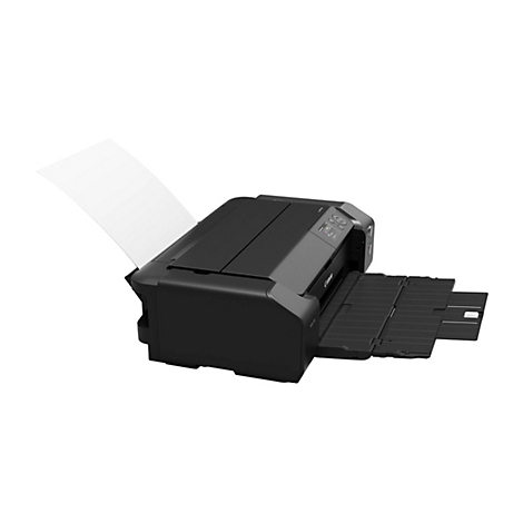 Imprimante Canon noire avec bac de sortie papier ouvert. Une feuille de papier sort de l'appareil.