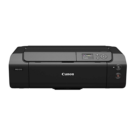 Imprimante Canon PRO-310 noire. Le panneau de commande affiche des options. Bouton d'alimentation et autres boutons.