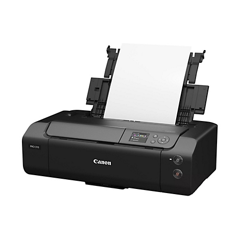 Imprimante Canon noire avec sortie papier relevée et feuille de papier insérée. Le panneau de commande affiche "Ready to print".