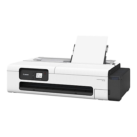 Weißer Canon-Drucker mit einem Blatt Papier, aus dem er herauskommt. Auf dem Drucker ist ein Bildschirm mit Text zu sehen.