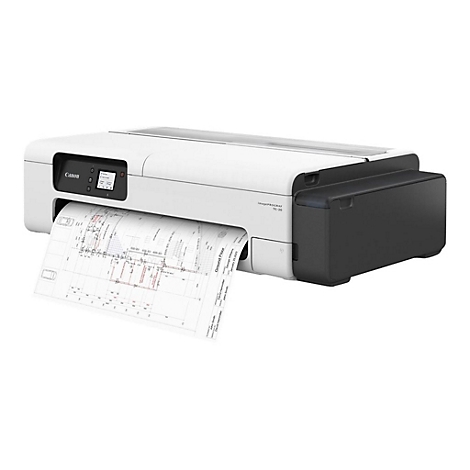 Weißer Canon-Drucker, der eine Bauzeichnung ausdruckt. Auf dem Drucker steht "Canon", "imagePROGRAF TC-20".
