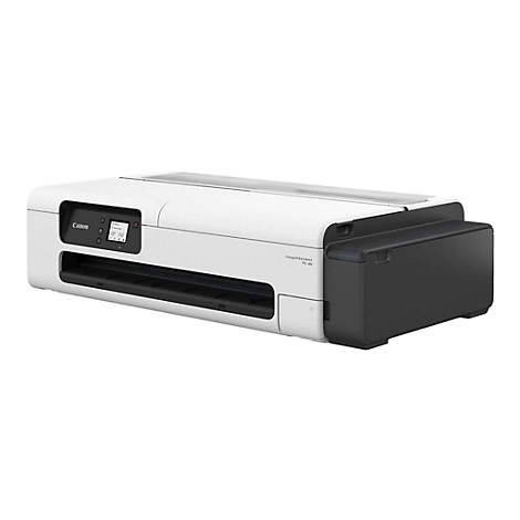 Canon-Drucker. Weißes Gehäuse mit schwarzem Element. Kleines Display. Aufschrift: imagePROGRAF TC-20.
