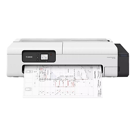 Weißer Canon-Drucker, der eine technische Zeichnung ausdruckt. Auf dem Drucker befindet sich ein Display.