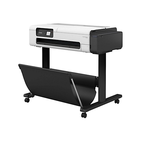 Weißer Canon Großformatdrucker auf schwarzem Ständer mit Auffangvorrichtung.