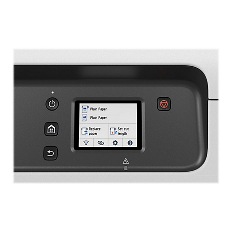 Drucker mit Display: Optionen für Papier, WLAN, Einstellungen. Schwarzes Bedienfeld, Tasten und roter Ein-/Aus-Knopf.