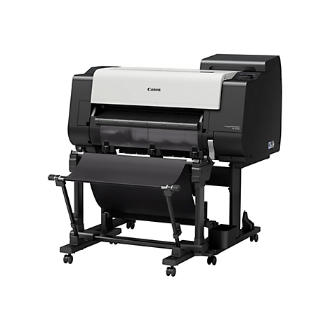 Ein großer, professioneller Canon-Drucker vor weißem Hintergrund. Der Drucker ist schwarz und cremefarben mit dem Canon-Logo. Es steht auf einem schwarzen Ständer mit Rollen.