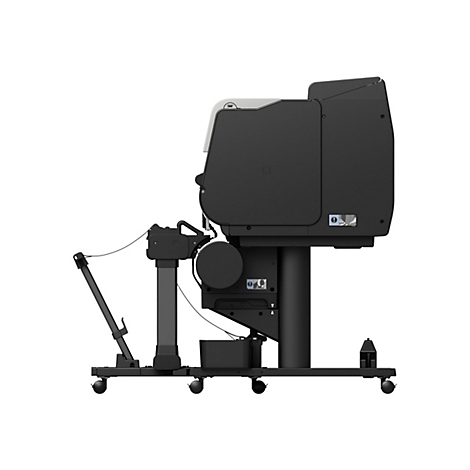 Seitenansicht eines großformatigen Druckers auf Rollen. Schwarz-graues Gehäuse, weißes Dach. Das Gerät steht auf einem schwarzen Gestell mit Rollen.