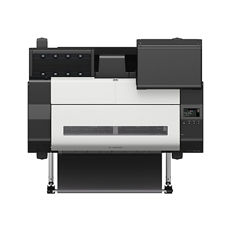 Großer, weiß-schwarzer Canon-Drucker mit Bedienfeld, Papierausgabefach und Papiereinzug.