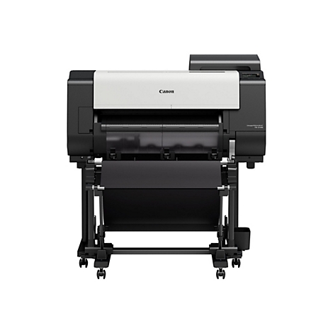 Ein großer, professioneller Canon-Drucker auf Rollen, in Schwarz und Hellgrau. Das Logo "Canon" ist deutlich sichtbar. Darunter hängt eine große Rolle schwarzes Papier.