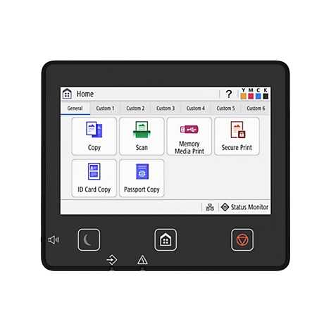 Écran tactile à cadre noir avec options de menu telles que copier, numériser et imprimer en toute sécurité. L'écran affiche les options Accueil, Général et Personnalisé.