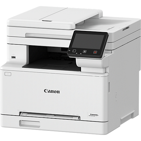 Imprimante laser Canon blanche avec panneau de commande et port USB. Le bac à papier est sorti.