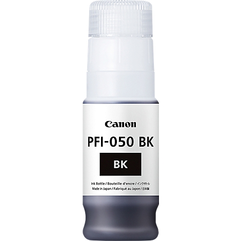 Black Canon ink bottle with white cap. Printed: PFI-050 BK.