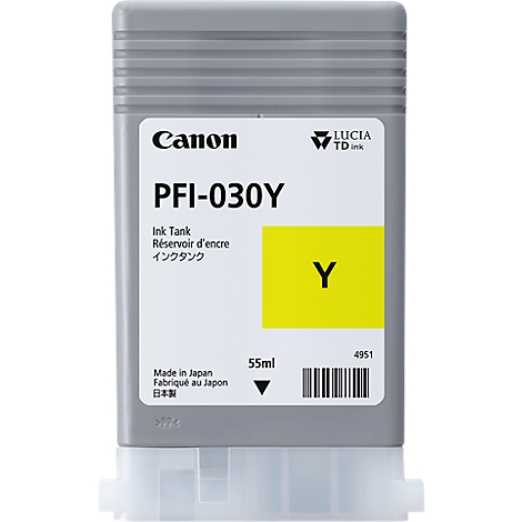 Grey Canon ink tank with yellow area. Labelled: PFI-030Y, 55ml, Lucia TD Ink.