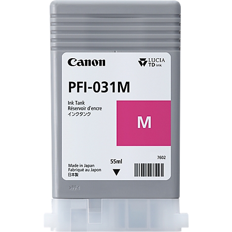 Gray ink cartridge labeled Canon PFI-031M with a pink 'M'.