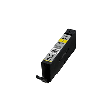 Een gele Canon inktcartridge 581Y, met een zwarte behuizing, schuin op een witte achtergrond.