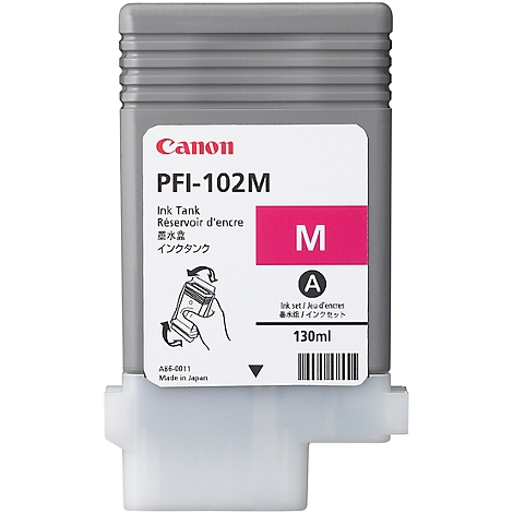 Canon PFI-102M inktcartridge, met labels in het Engels, Frans, Japans en een magenta gekleurd veld.