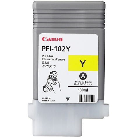 Grijze Canon-inktcartridge met geel kleurveld en tekst PFI-102Y en 130ml.