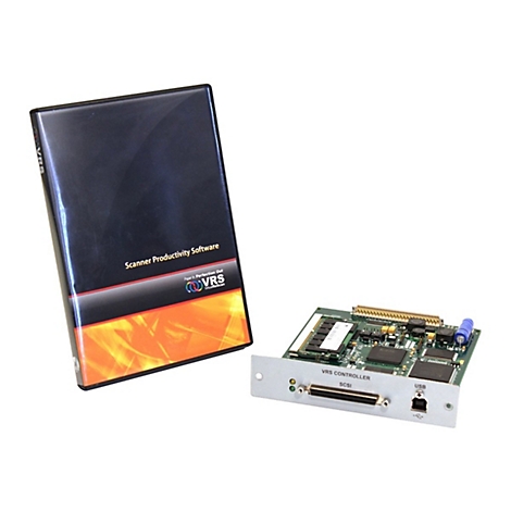 Ein schwarzes Software-Case mit Text: "Scanner Productivity Software" und das VRS-Logo. Daneben eine Platine mit Aufschrift: "VRS Controller SCSI USB".