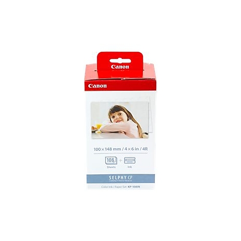 Weiße Canon Selphy KP-108IN Tinten- und Papier-Set Verpackung mit Foto eines Kindes.
