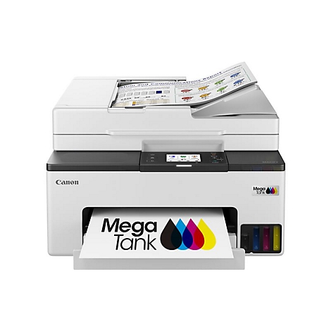 Ein weißer Canon MegaTank Multifunktionsdrucker vor neutralem Hintergrund, mit bedruckten Dokumenten.