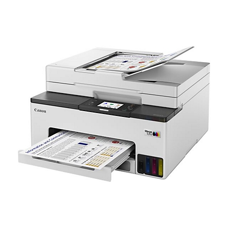 Weißer Canon MegaTank Multifunktionsdrucker mit bedrucktem Papier im Ausgabefach vor weißem Hintergrund.