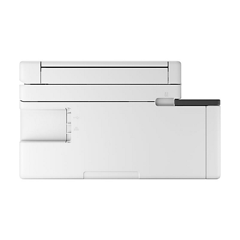 Seitenansicht eines weißen Druckers vor neutralem Hintergrund mit USB- und Netzwerk-Anschlüssen.