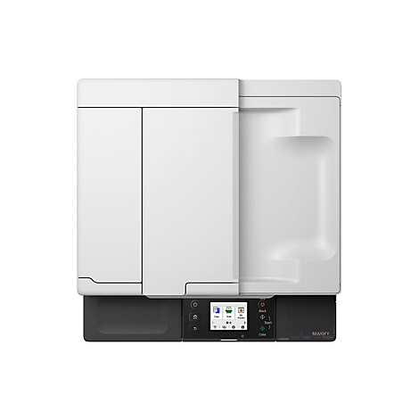 Draufsicht eines weißen Canon Maxify Druckers mit Bedienfeld und Display vor neutralem Hintergrund.