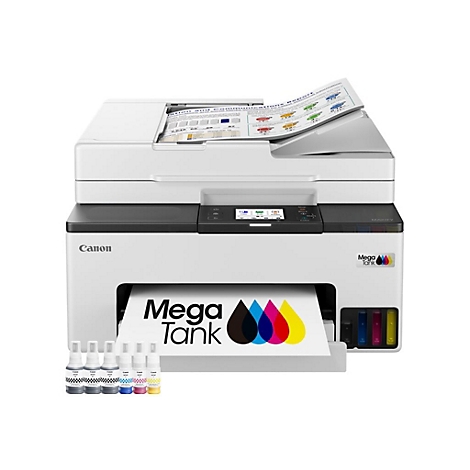 Weißer Drucker mit Mega Tank. Das Papier zeigt farbige Tintenkleckse. Rechts im Drucker sind Tintenbehälter sichtbar.
