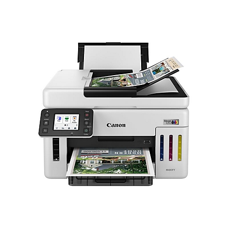 Weißer Canon Maxify-Multifunktionsdrucker. Auf dem Ausgabefach liegt ein Ausdruck, im Scanner Deckel liegt ein weiteres Blatt.