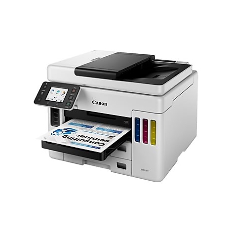 WeiÃŸer Canon Multifunktionsdrucker mit schwarzem Deckel, Papierausgabe und Farbtintenanzeige. Das Papier zeigt Text.