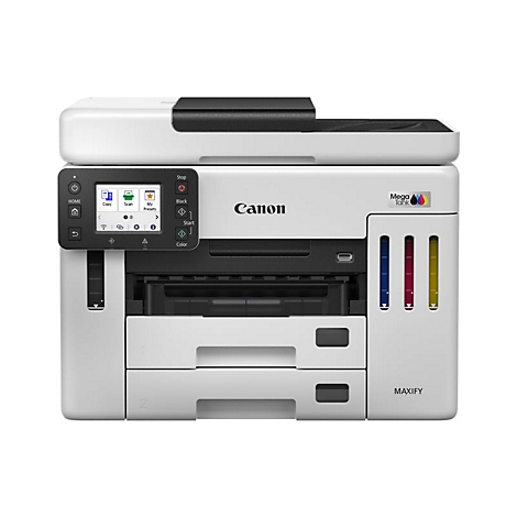 Weißer Canon Maxify-Drucker mit Touchscreen und Farbtintenfüllstandsanzeige.