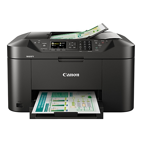 Schwarzer Canon Maxify Drucker, ein Blatt mit Diagramm wird gedruckt.