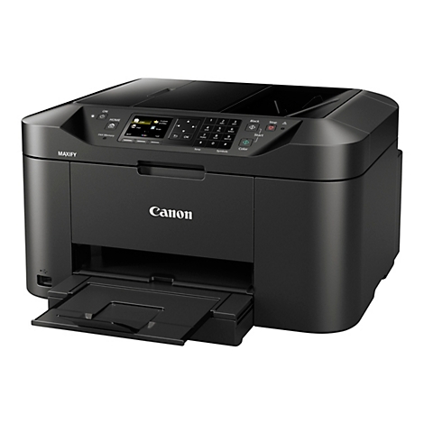 Schwarzer Canon Maxify Drucker; das Papierfach ist ausgezogen; Bedientasten und Display sind sichtbar.