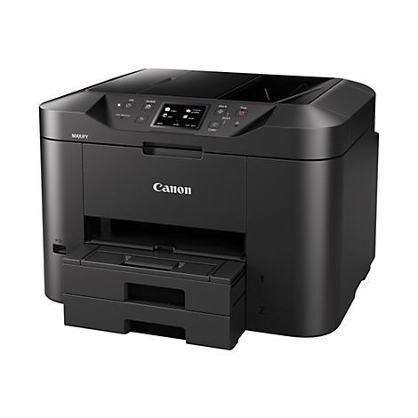 Imprimante Canon Maxify noire avec panneau de commande et sortie papier. Le panneau de commande comporte des boutons tels que "Copier", "Fax" et "Scanner".