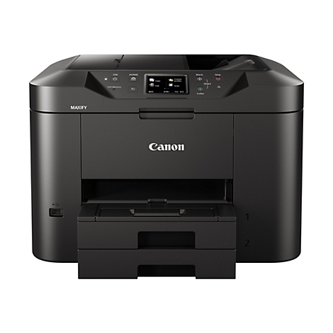 Une imprimante Canon MAXIFY noire, vue de face. Commandes supérieures, dont un écran tactile couleur. Bac 1 et 2 visibles.