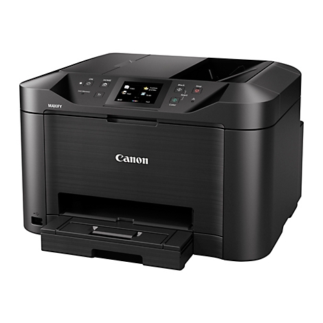 Une imprimante multifonction Canon MAXIFY noire. À l'avant, on trouve un écran tactile, des boutons de commande et un bac à papier.