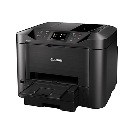 Imprimante Canon Maxify noire avec panneau de commande et bac rétractable.