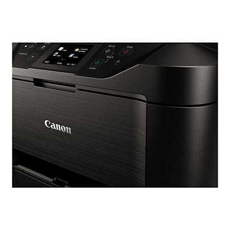 Gros plan sur une imprimante multifonction Canon noire. Les commandes et un écran sont en haut. Le logo Canon est visible en bas.