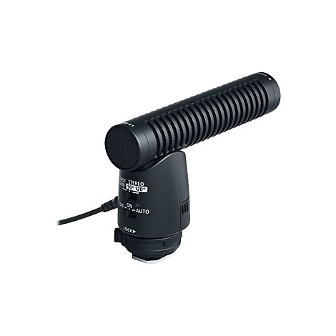 Un microphone noir pour une caméra, avec panneau de commande, câble et indicateur de réglage.